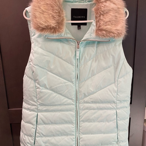 Talbots Aqua Down Puffer Vest with Removable Faux Fur Collar - Picture 2 of 9